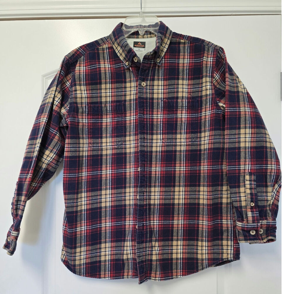 Toughwear Mens Heavy Flannel Button Up Shirt Size Large Red Blue Beige Farmer